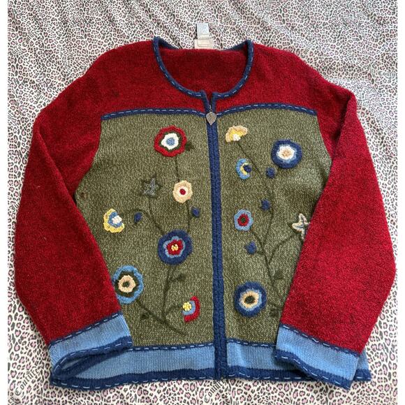 Koret Sweaters - Koret 90s Embroidered Floral Zip Cardigan Wool Blend Women's XL Grandmacore Boho